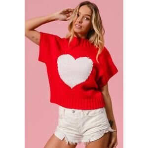BiBi Red Rib Banded Heart Pattern Short Sleeve Valentines Sweater NEW Love
